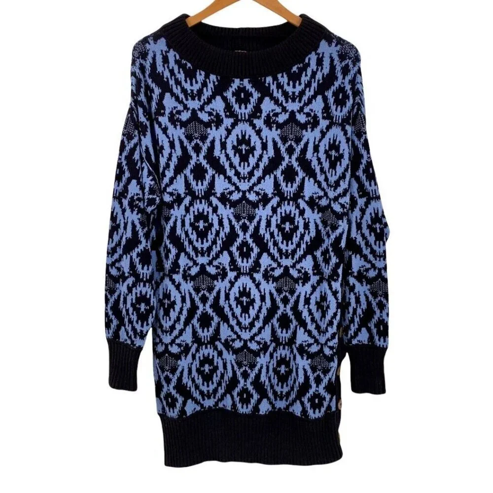 Free People Winter Skies Wallpaper Blue and Black Tunic Sweater Dress Size XS